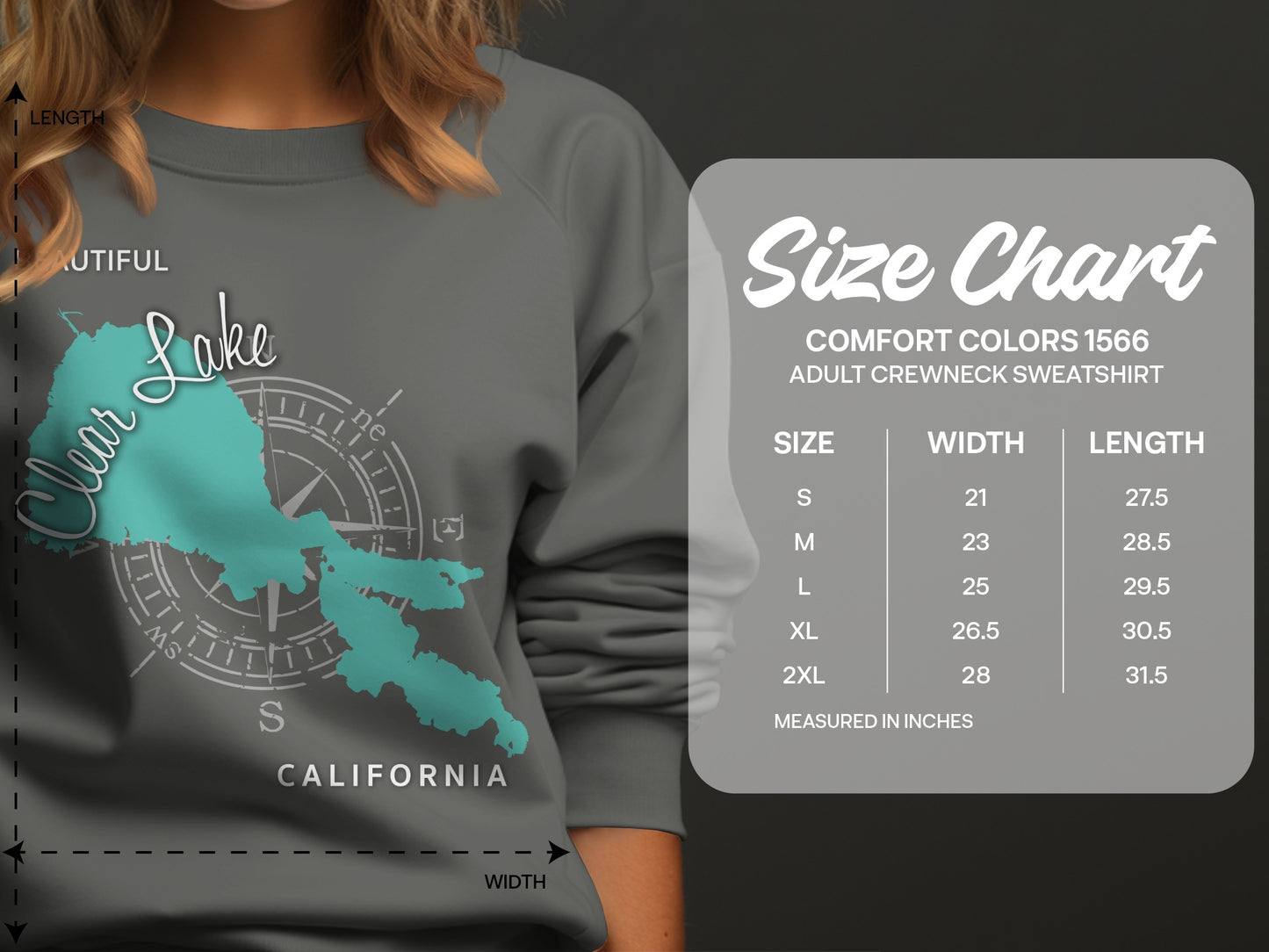 Clear Lake California graphic sweatshirt size chart with measurements.