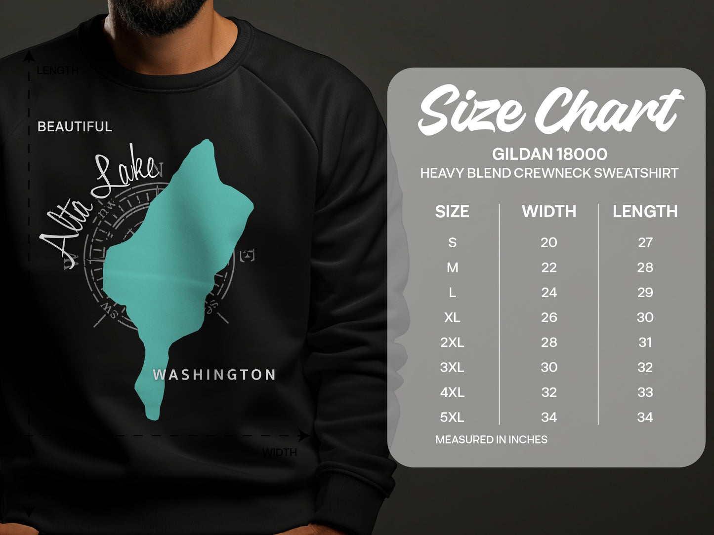Gildan 18000 sweatshirt size chart with Alta Lake graphic.