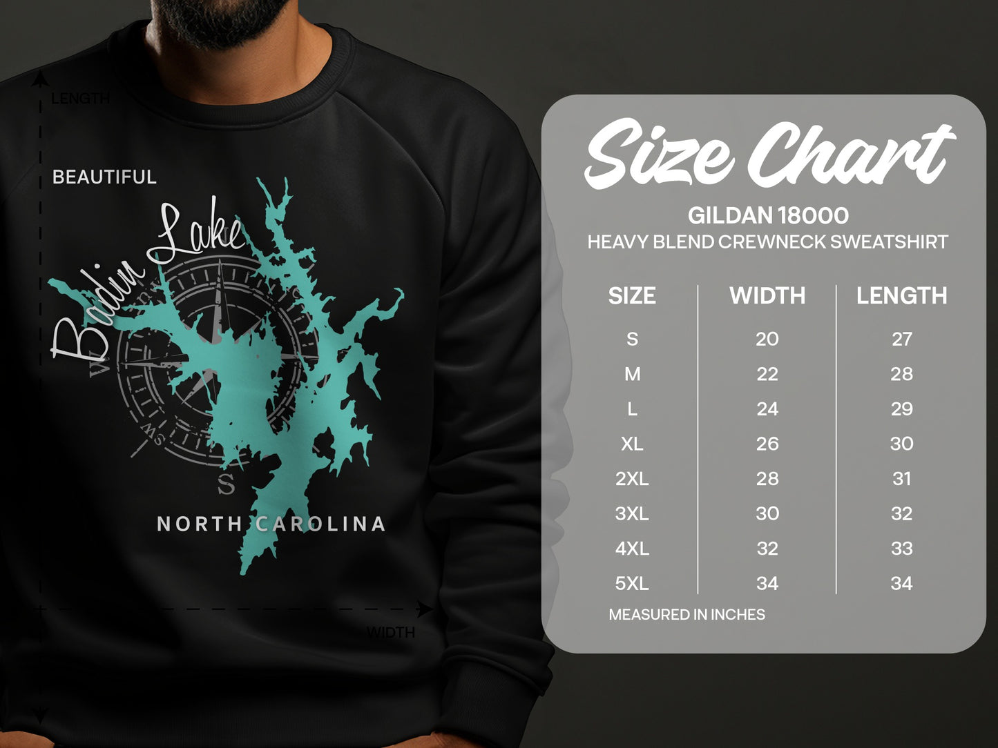 Bodie Lake North Carolina graphic on Gildan 18000 sweatshirt size chart.