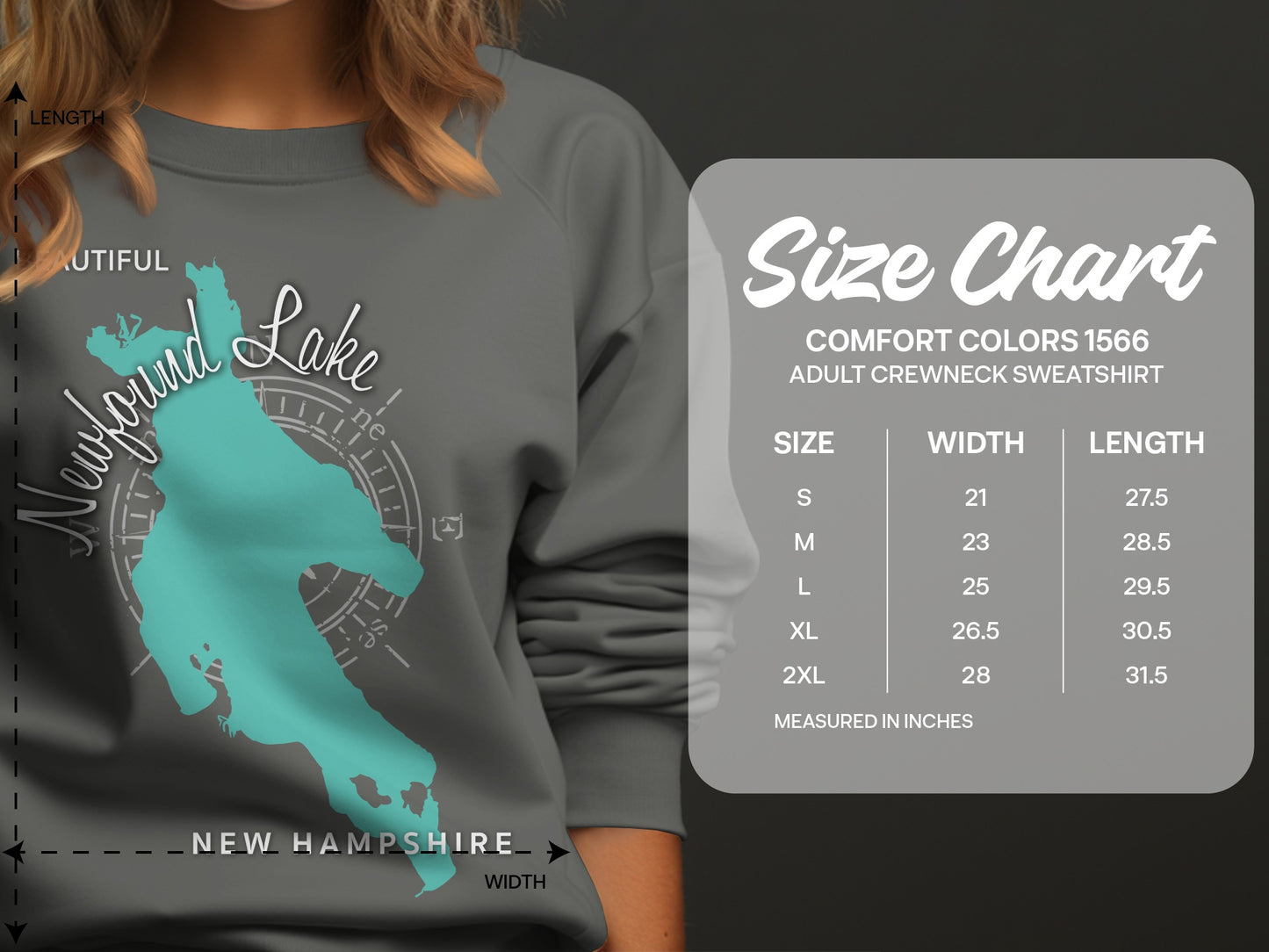Size chart for Comfort Colors 1566 adult crewneck sweatshirt.
