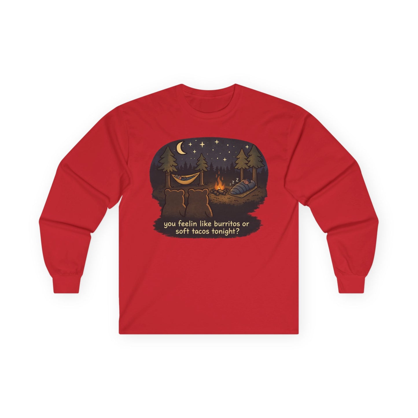 Campfire Bears Humor Long Sleeve T-Shirt, People in Sleeping Bags are Bear Burritos and Tacos Joke, Camping Hiking Shirt