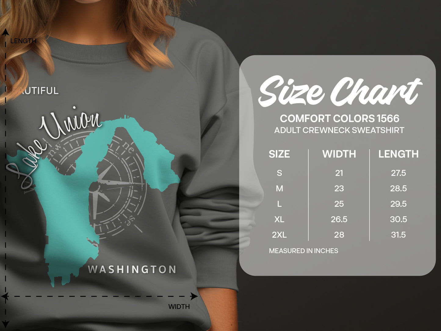 Size chart for adult crewneck sweatshirt with measurements in inches.