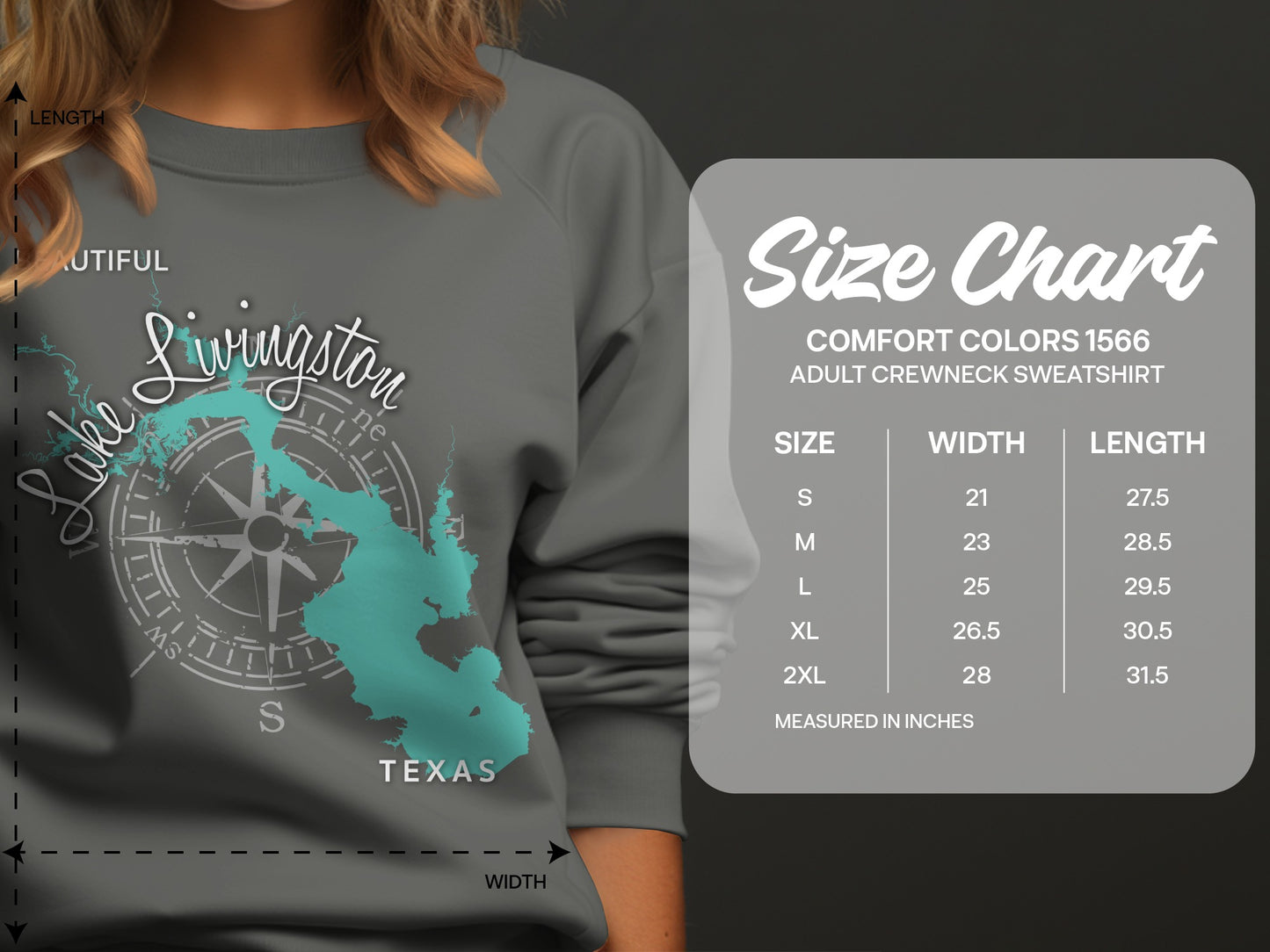 Comfort Colors 1566 sweatshirt size chart with lake graphic.