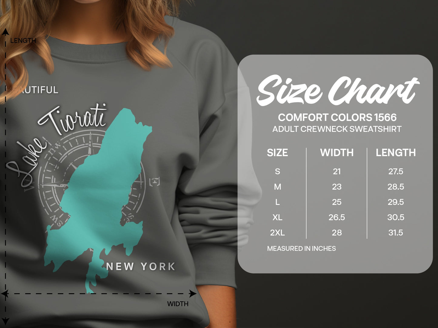 Comfort Colors 1566 sweatshirt size chart with measurements for width and length.