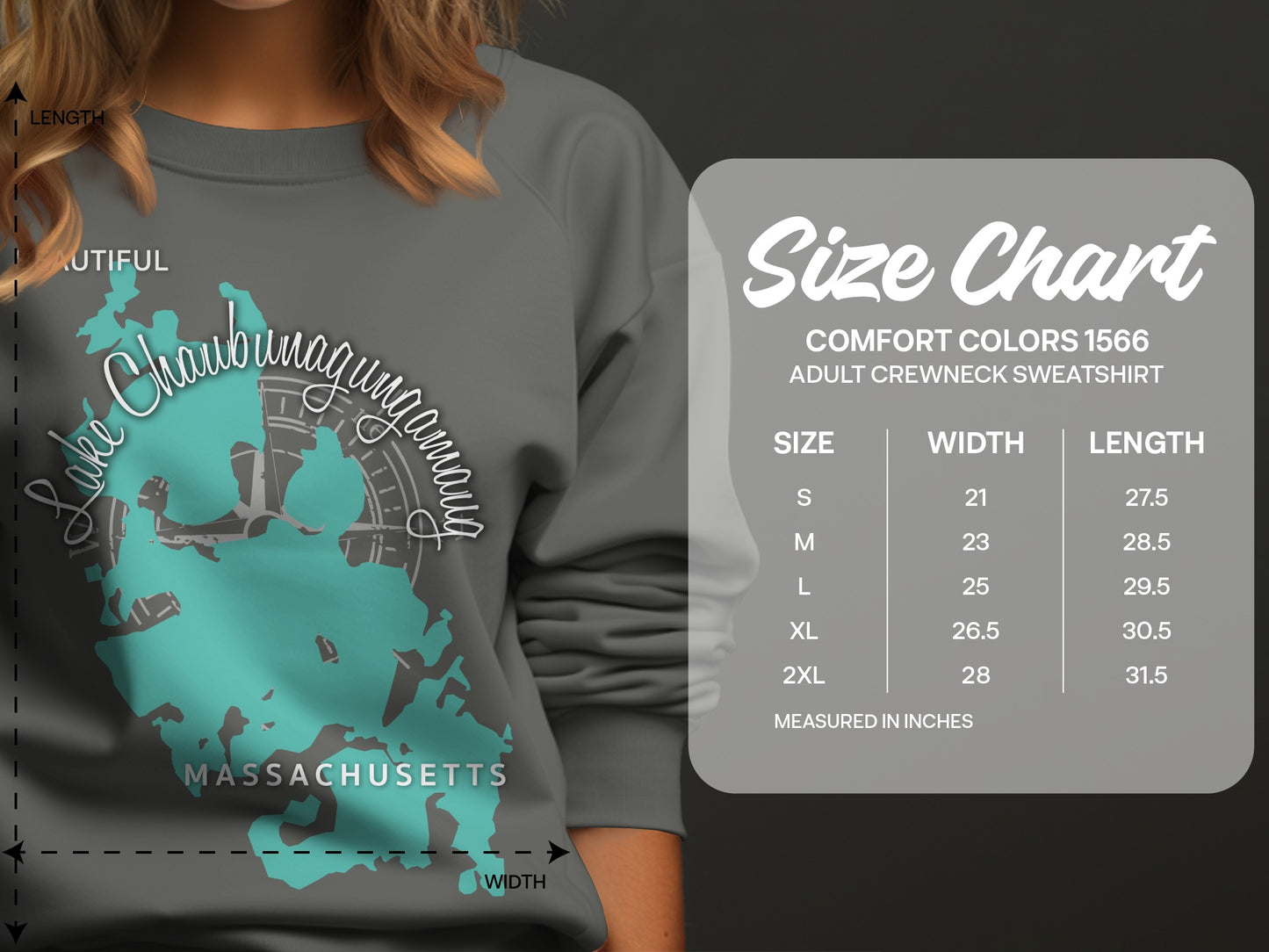 Comfort Colors 1566 sweatshirt size chart with measurements in inches.