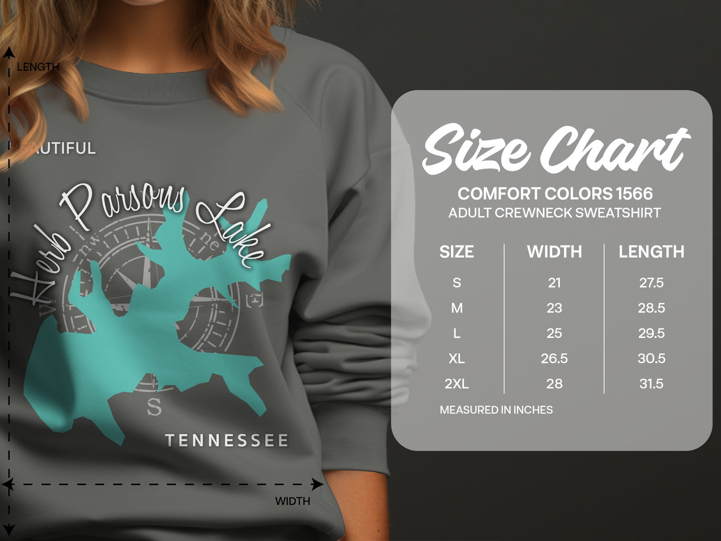 Parsons Lake Tennessee sweatshirt size chart with width and length measurements.