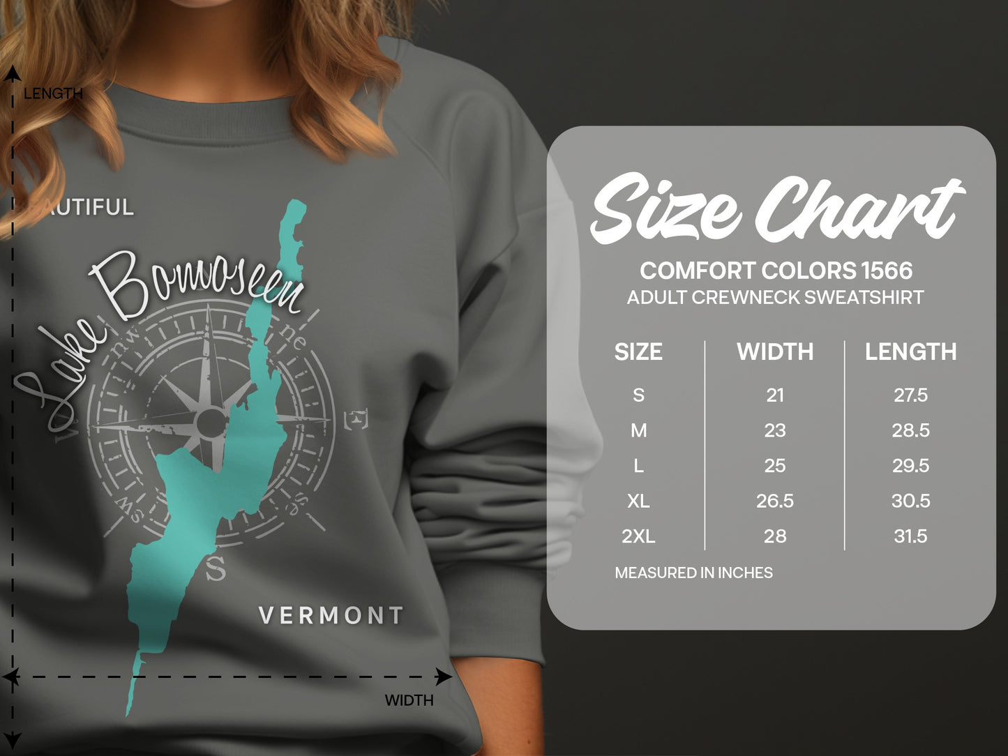 Lake Bomoseen Vermont sweatshirt size chart with measurements.