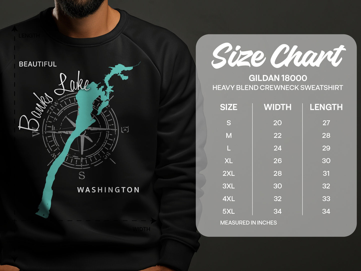 Sweatshirt with Banks Lake map graphic and Gildan size chart.