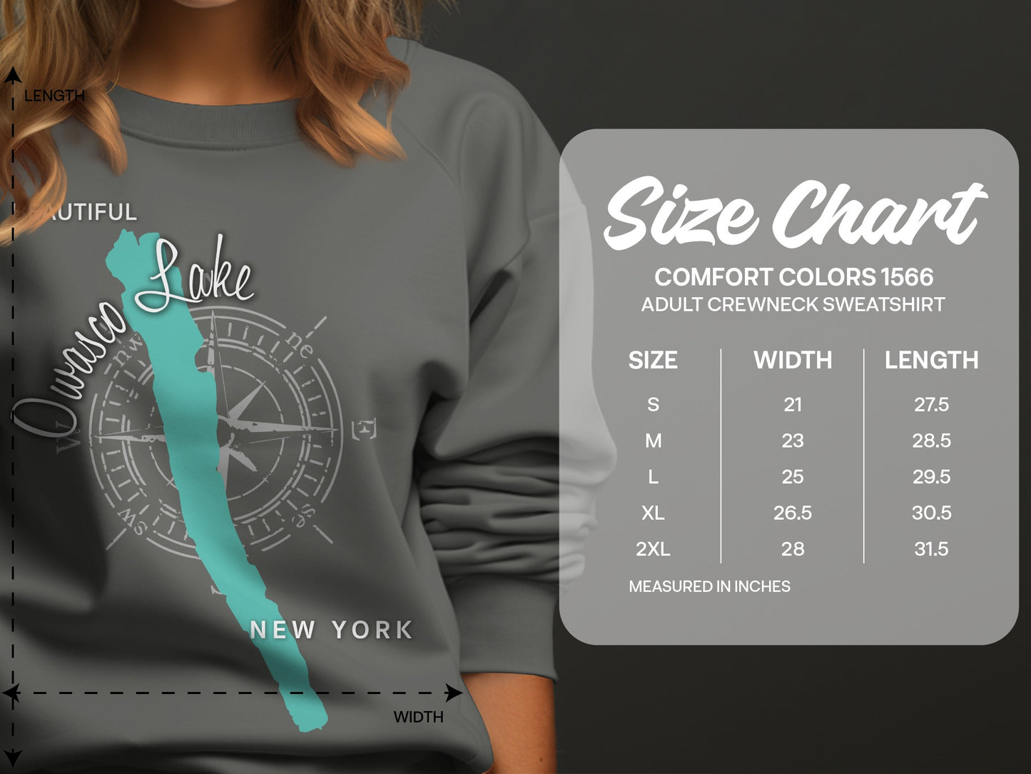 Size chart for Comfort Colors 1566 adult crewneck sweatshirt.