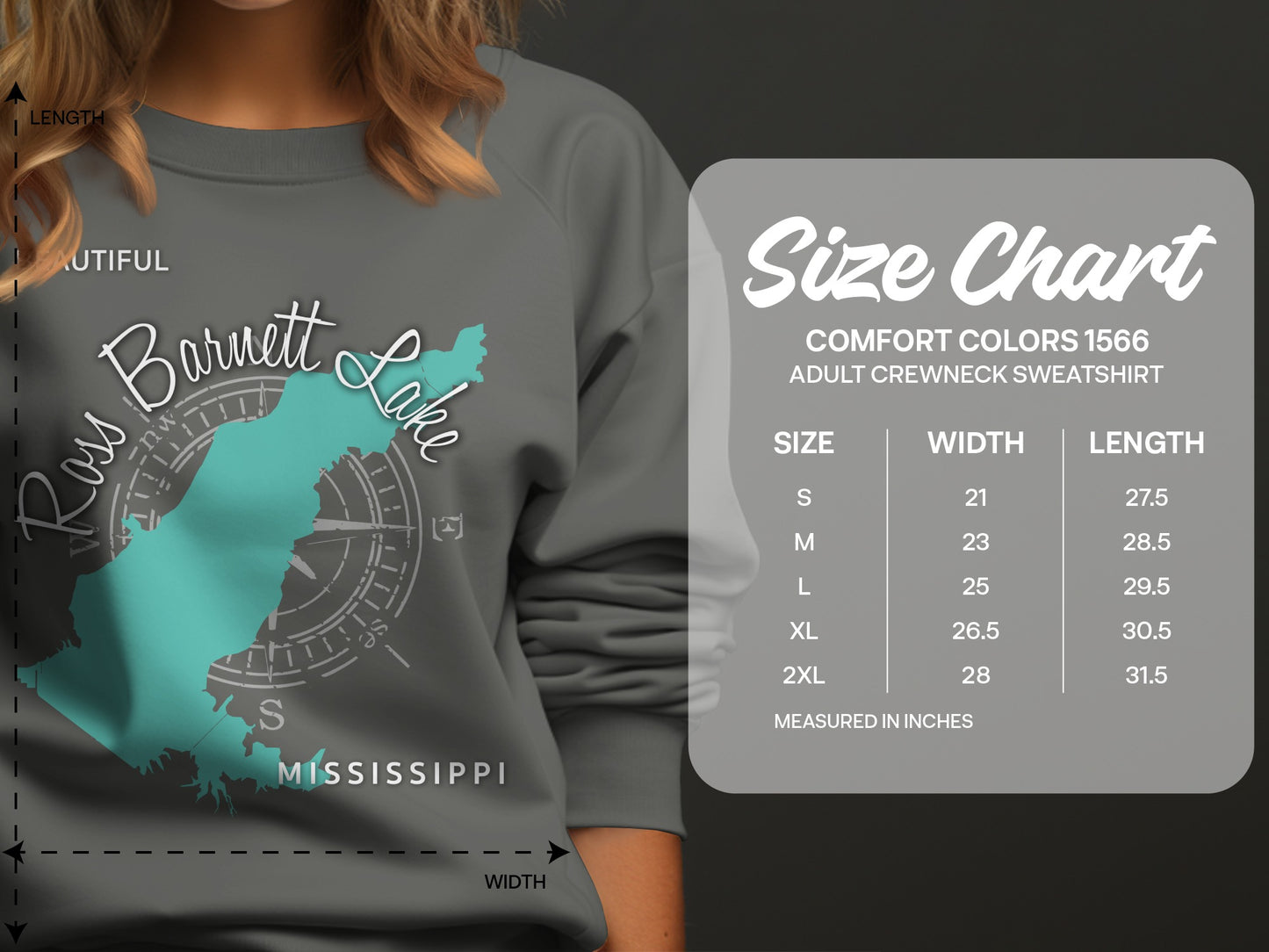 Size chart for Comfort Colors 1566 adult crewneck sweatshirt.