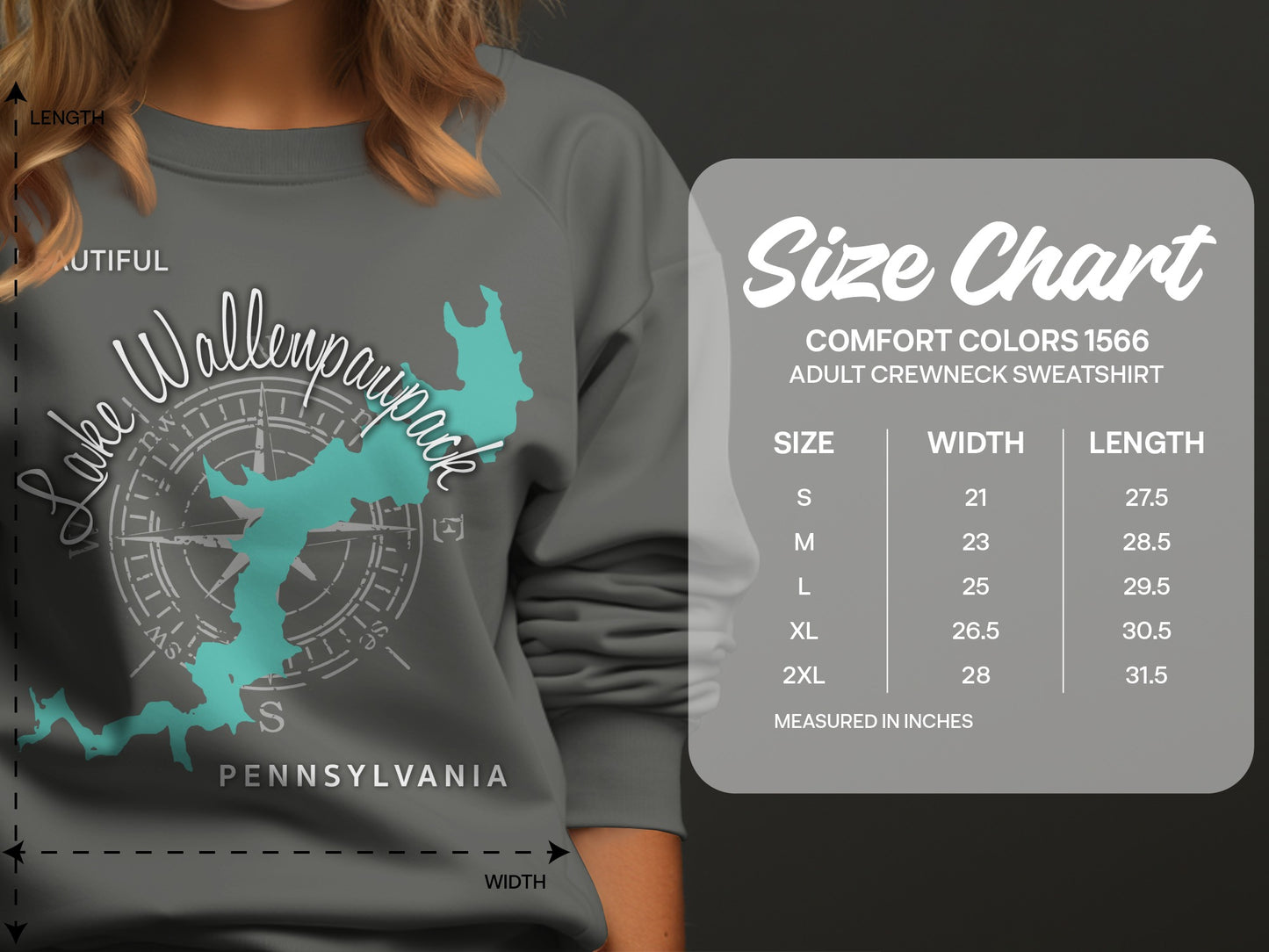 Size chart for Comfort Colors 1566 adult crewneck sweatshirt.