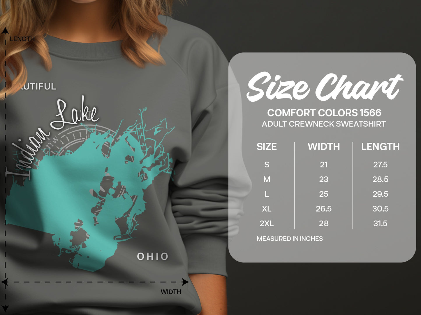 Comfort Colors 1566 adult crewneck sweatshirt size chart with measurements.