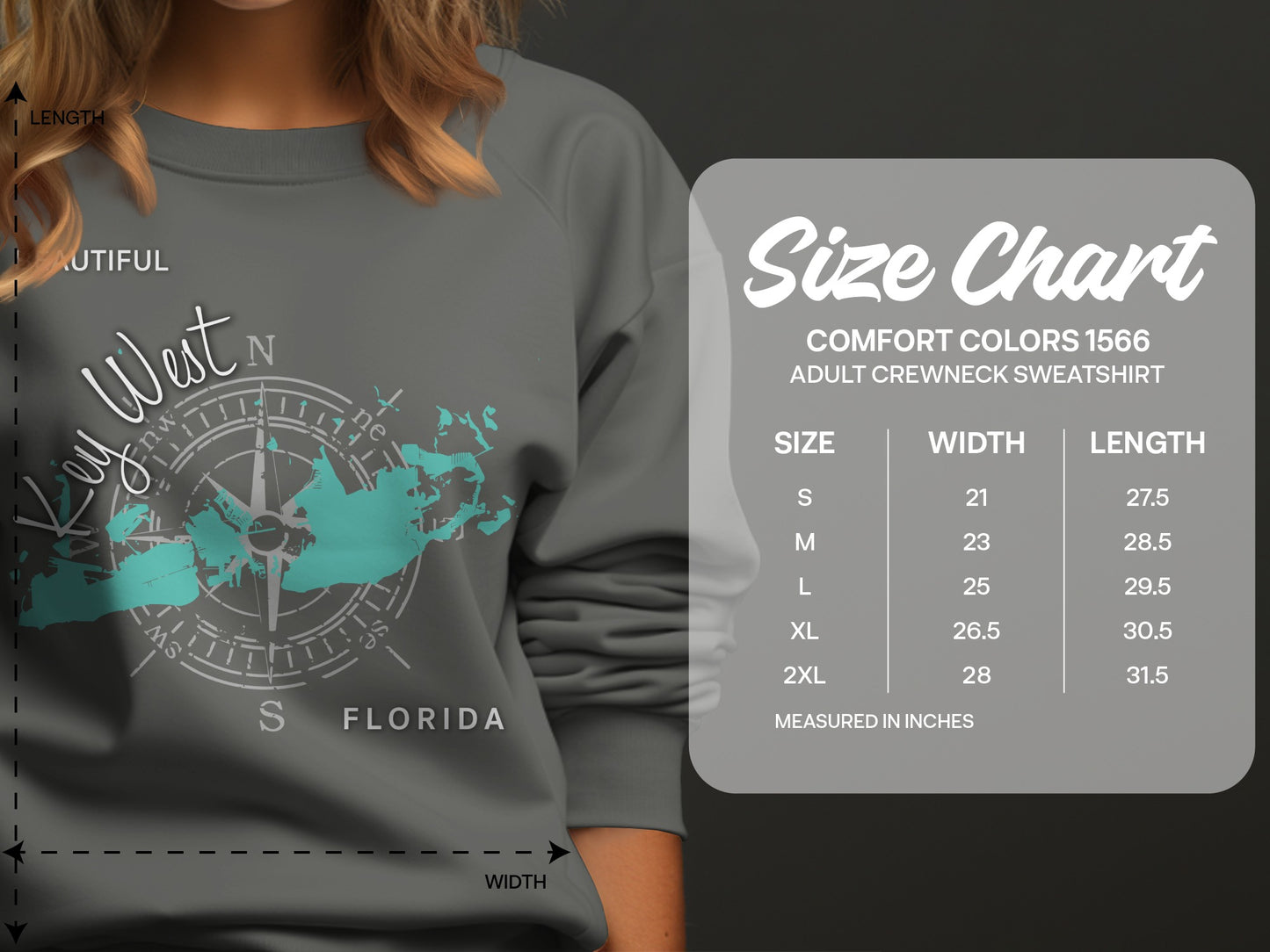 Crewneck sweatshirt size chart with Key West compass graphic.