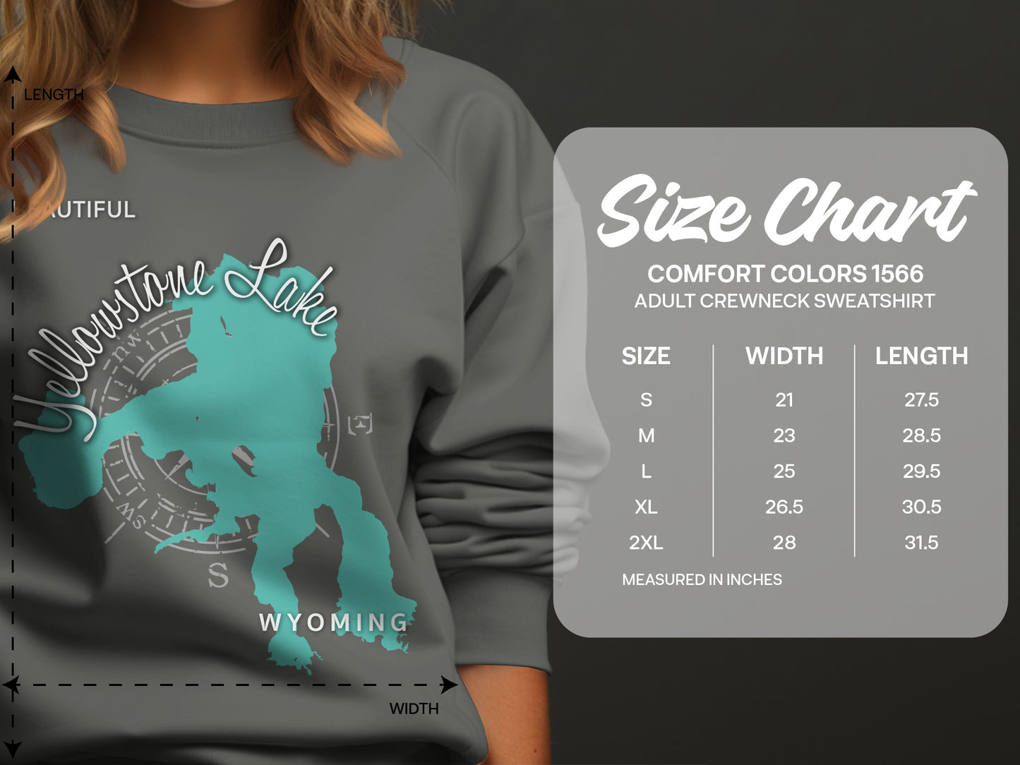 Comfort Colors 1566 sweatshirt size chart with dimensions.
