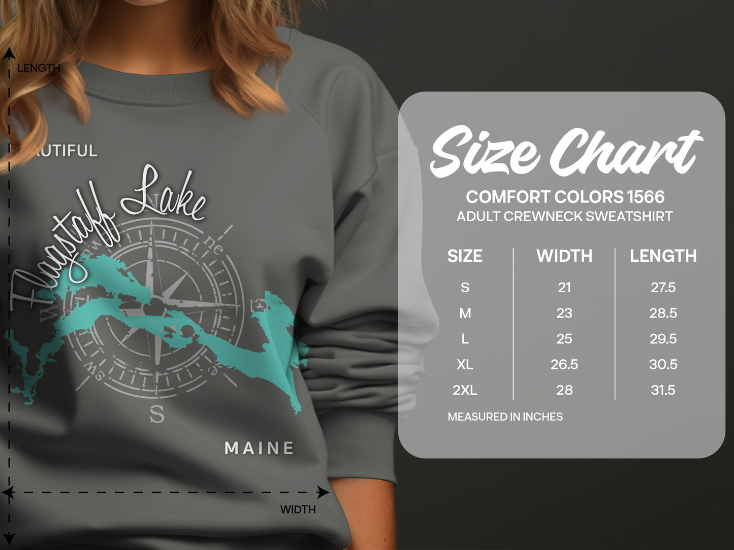 Size chart for Comfort Colors 1566 adult crewneck sweatshirt in inches.