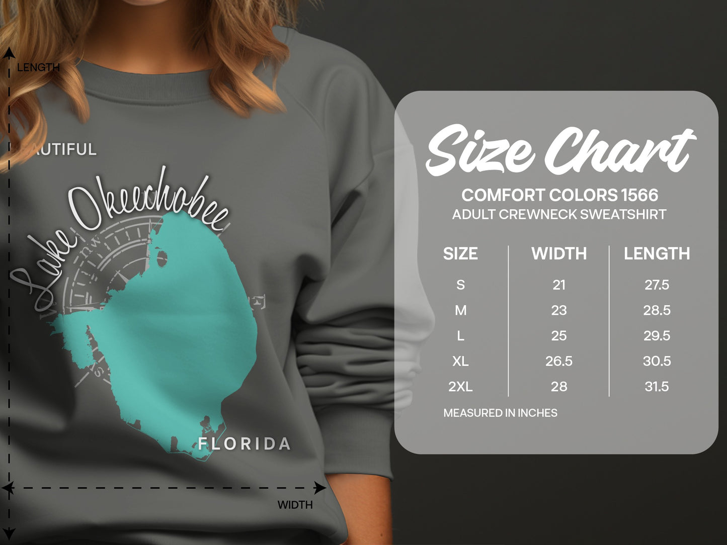 Sweatshirt size chart with measurements for Lake Okeechobee design.