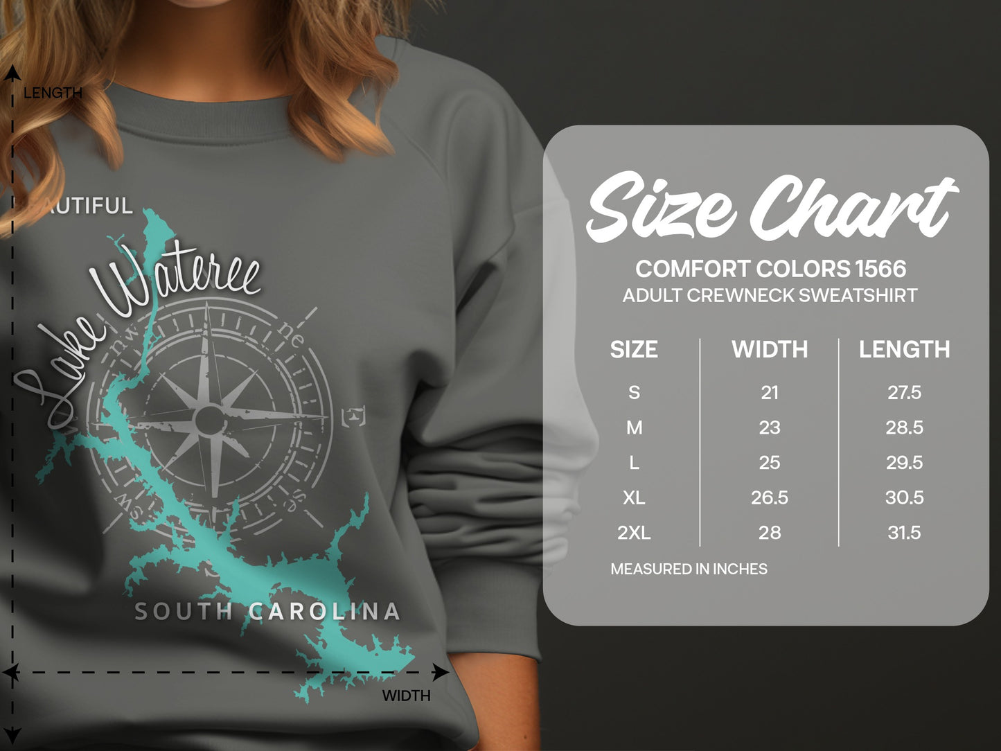 Lake Wateree sweatshirt size chart with dimensions for S through 2XL.