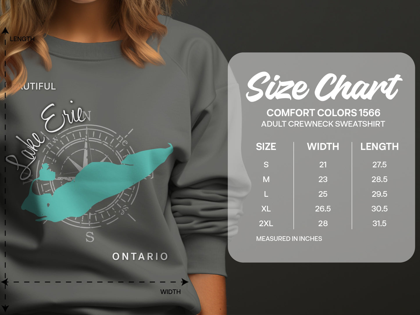 Comfort Colors 1566 adult crewneck sweatshirt size chart for Lake Erie.
