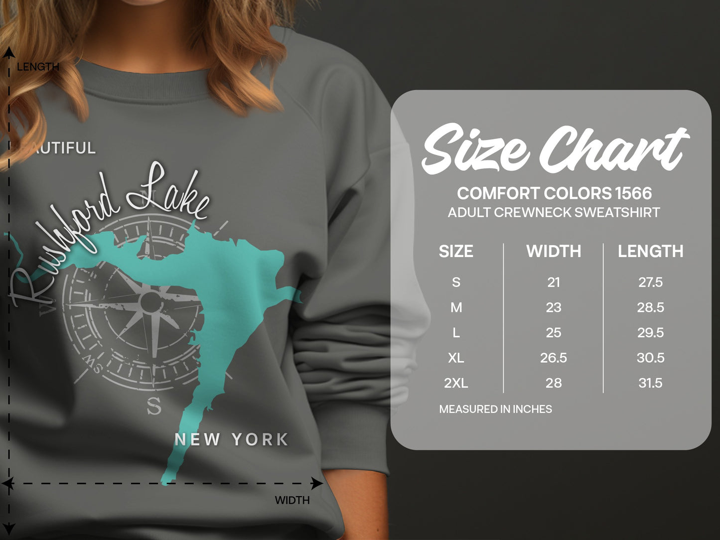 Rushford Lake sweatshirt size chart with measurements in inches.