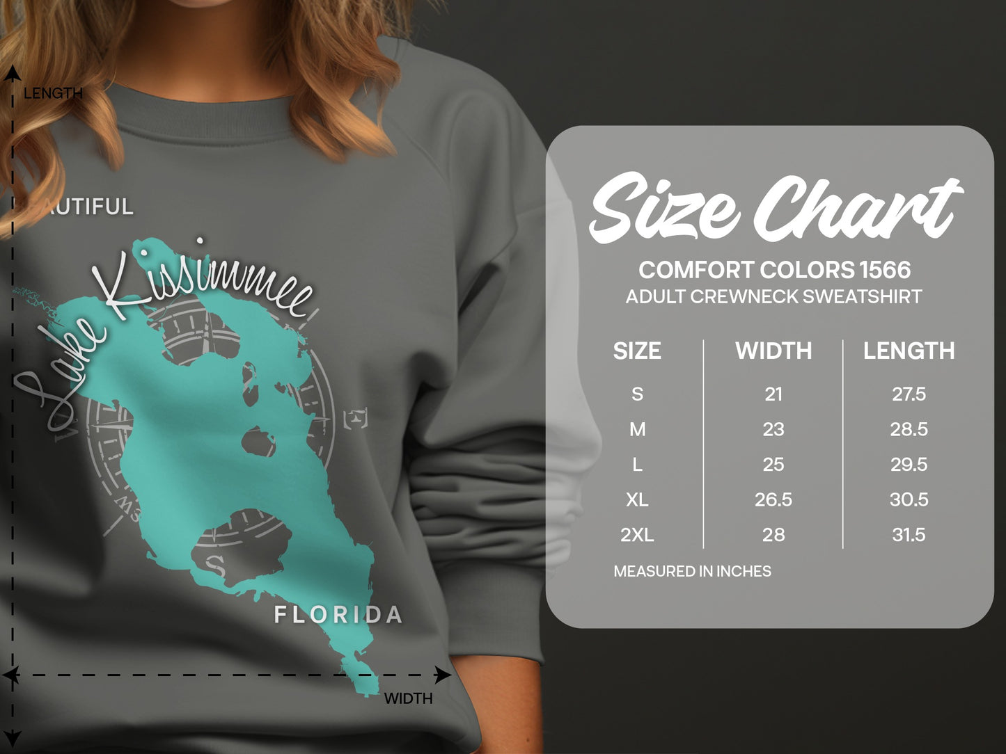 Size chart for Comfort Colors 1566 adult crewneck sweatshirt.