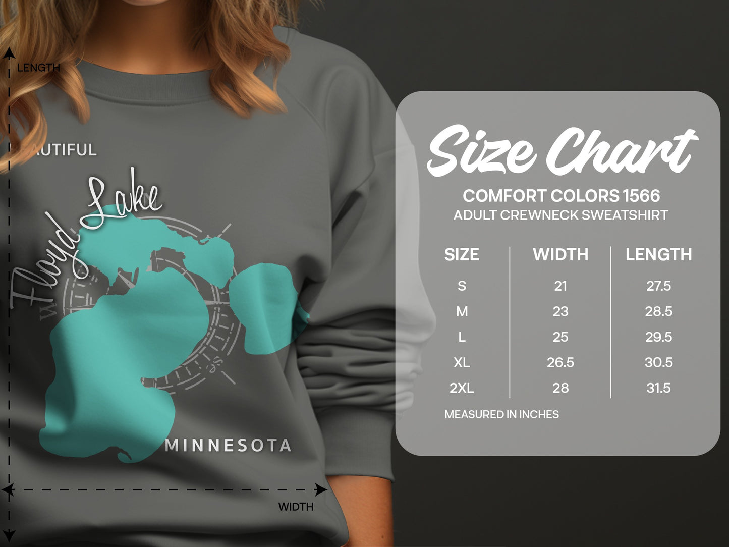 Comfort Colors 1566 sweatshirt size chart with dimensions in inches.