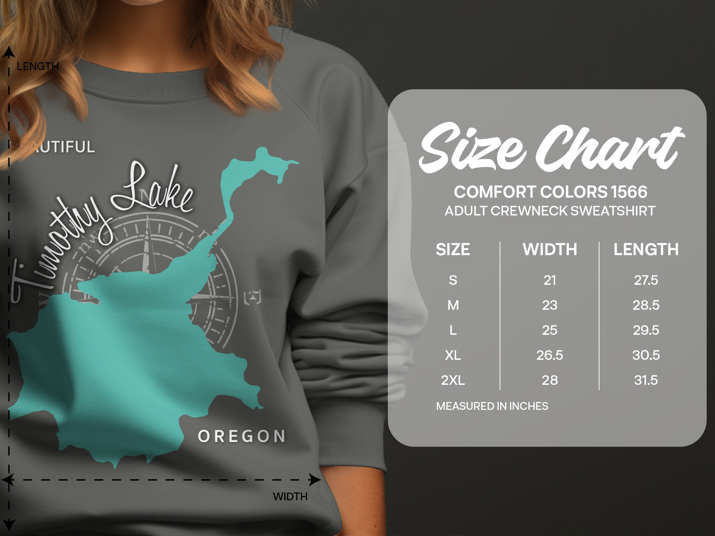 Comfort Colors 1566 sweatshirt size chart with dimensions for S, M, L, XL, 2XL.