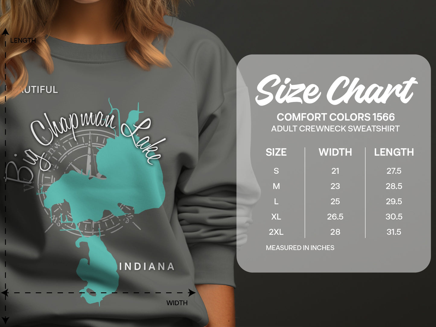 Crewneck sweatshirt size chart showing measurements for Comfort Colors 1566.