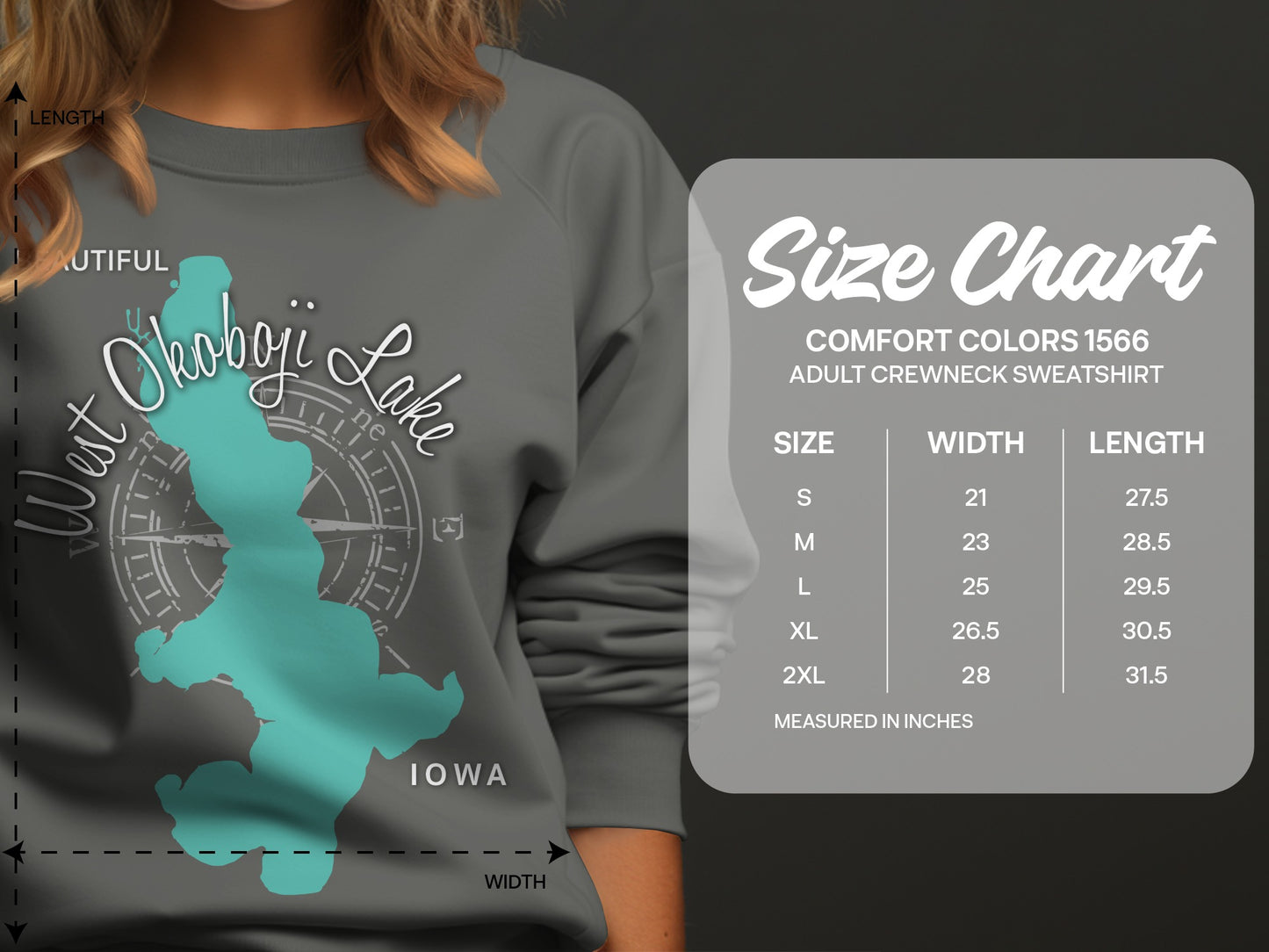 Crewneck sweatshirt size chart with Comfort Colors 1566 label.