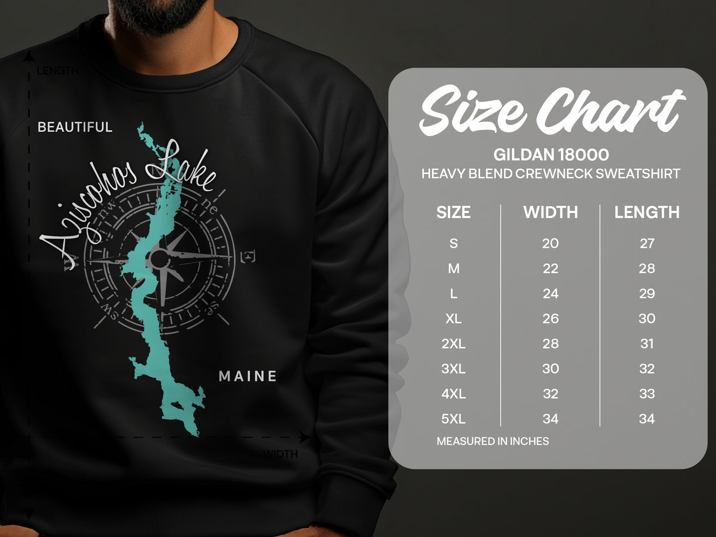 Lake graphic and Gildan 18000 sweatshirt size chart with measurements.