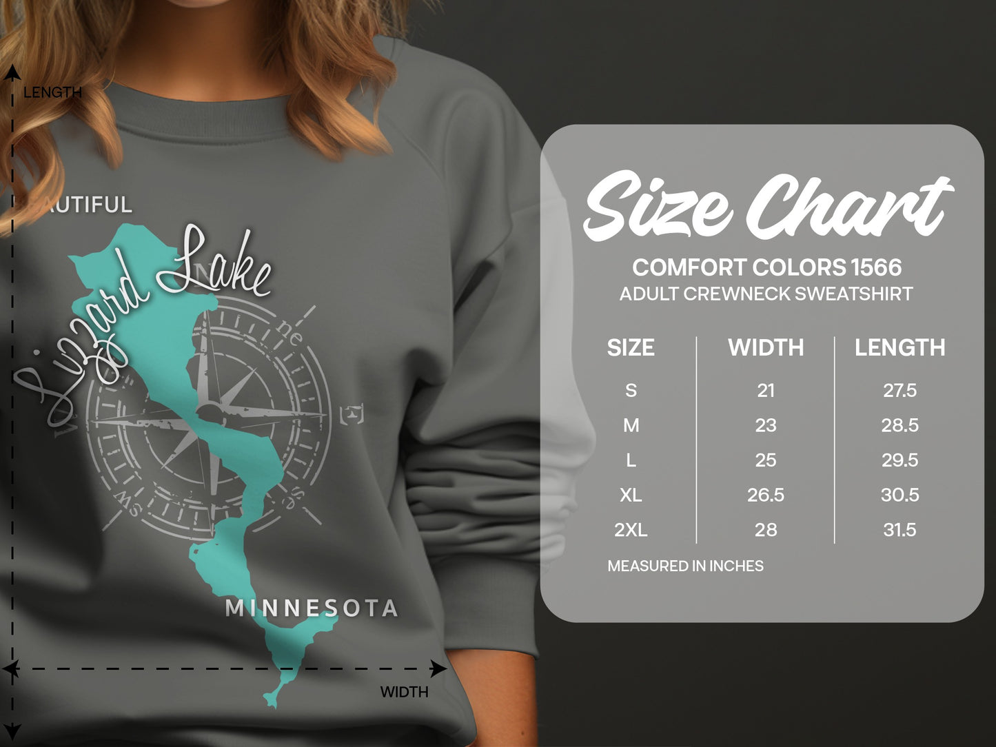 Size chart for Comfort Colors 1566 adult crewneck sweatshirt.