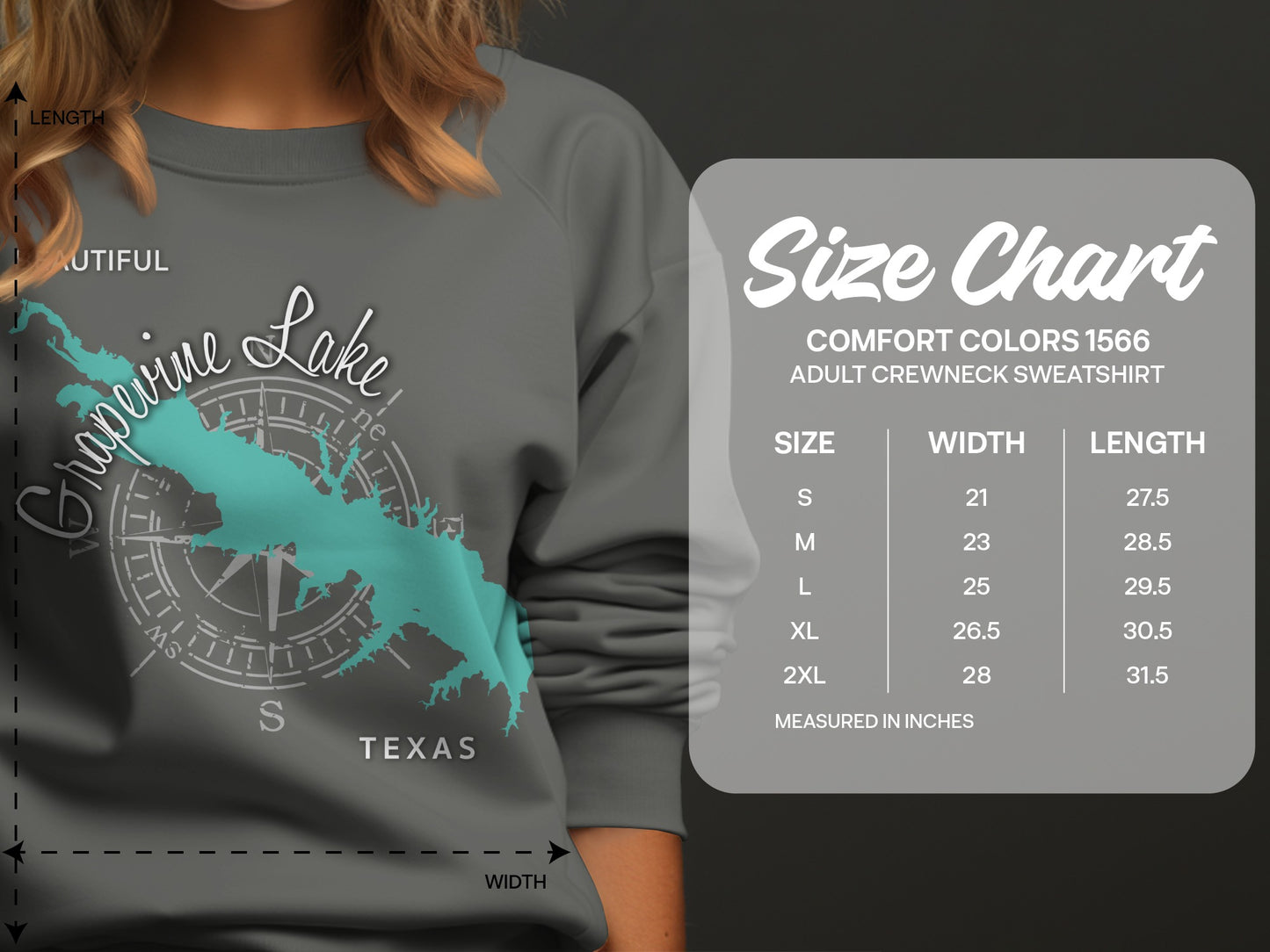 Grapevine Lake sweatshirt size chart with measurements for adult crewneck.