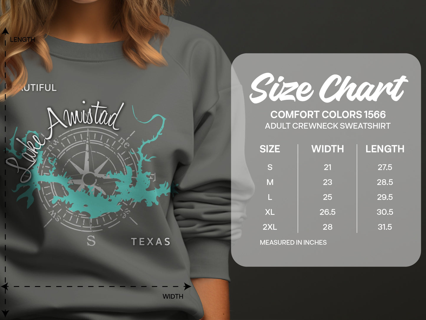 Lake Amistad graphic on gray sweatshirt with size chart.