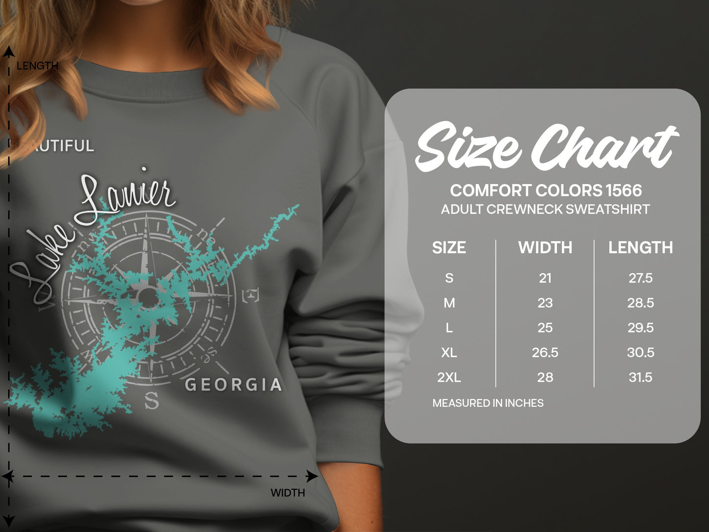 Grey sweatshirt featuring "Lake Lanier Georgia" graphic and size chart.
