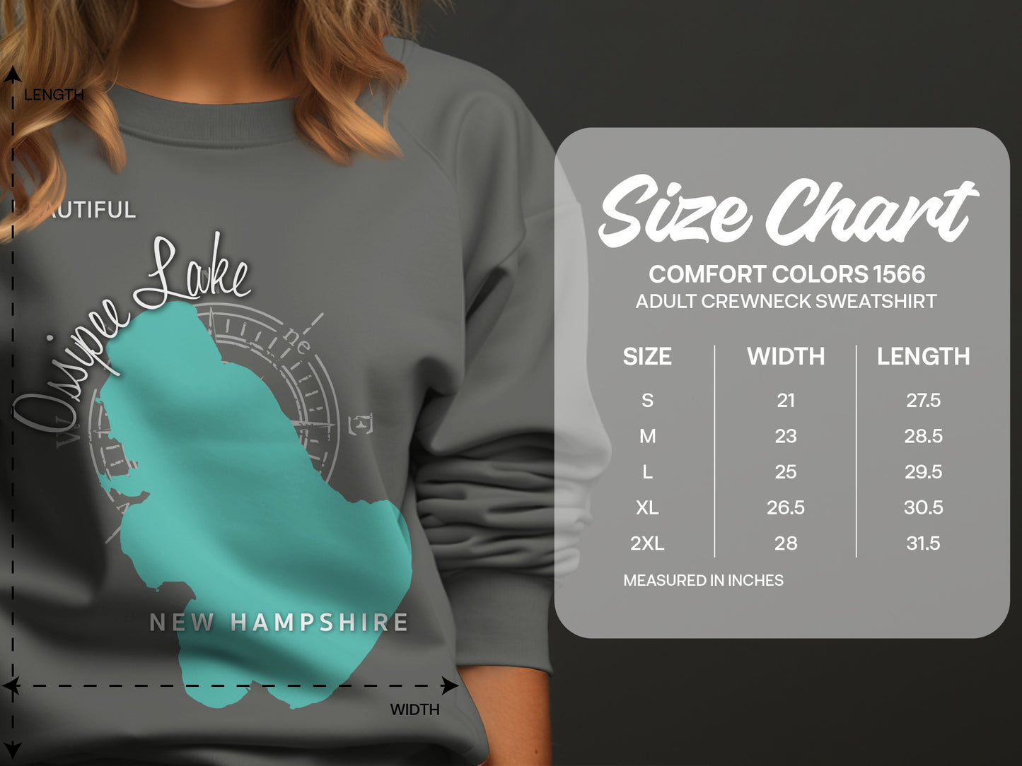 Adult crewneck sweatshirt size chart for Comfort Colors 1566.