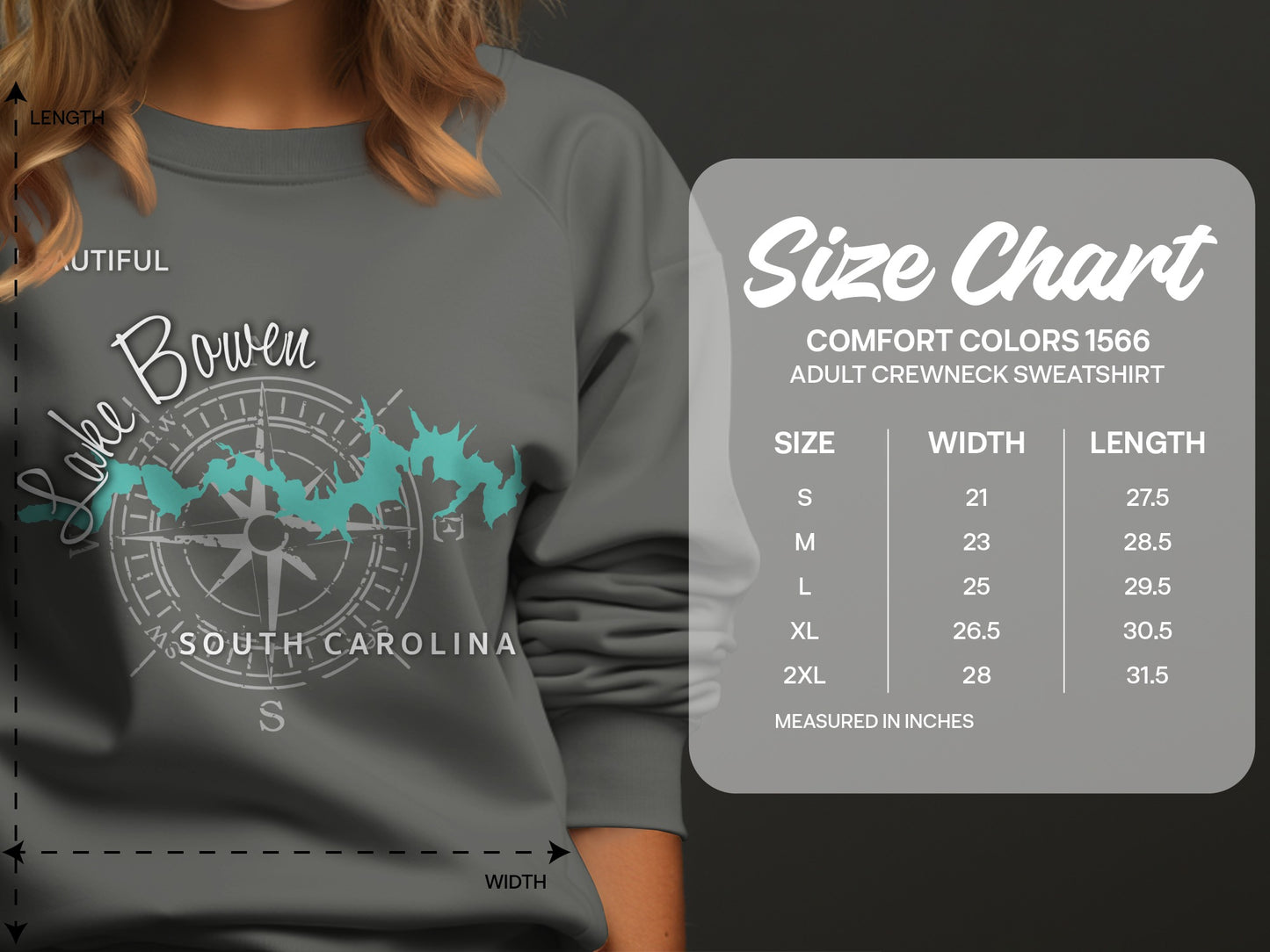 Lake Bowen Comfort Colors sweatshirt size chart with measurements.