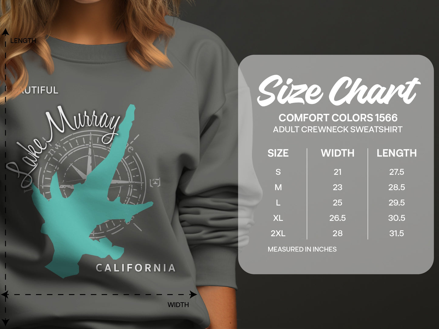 Lake Murray California sweatshirt size chart with measurements in inches.