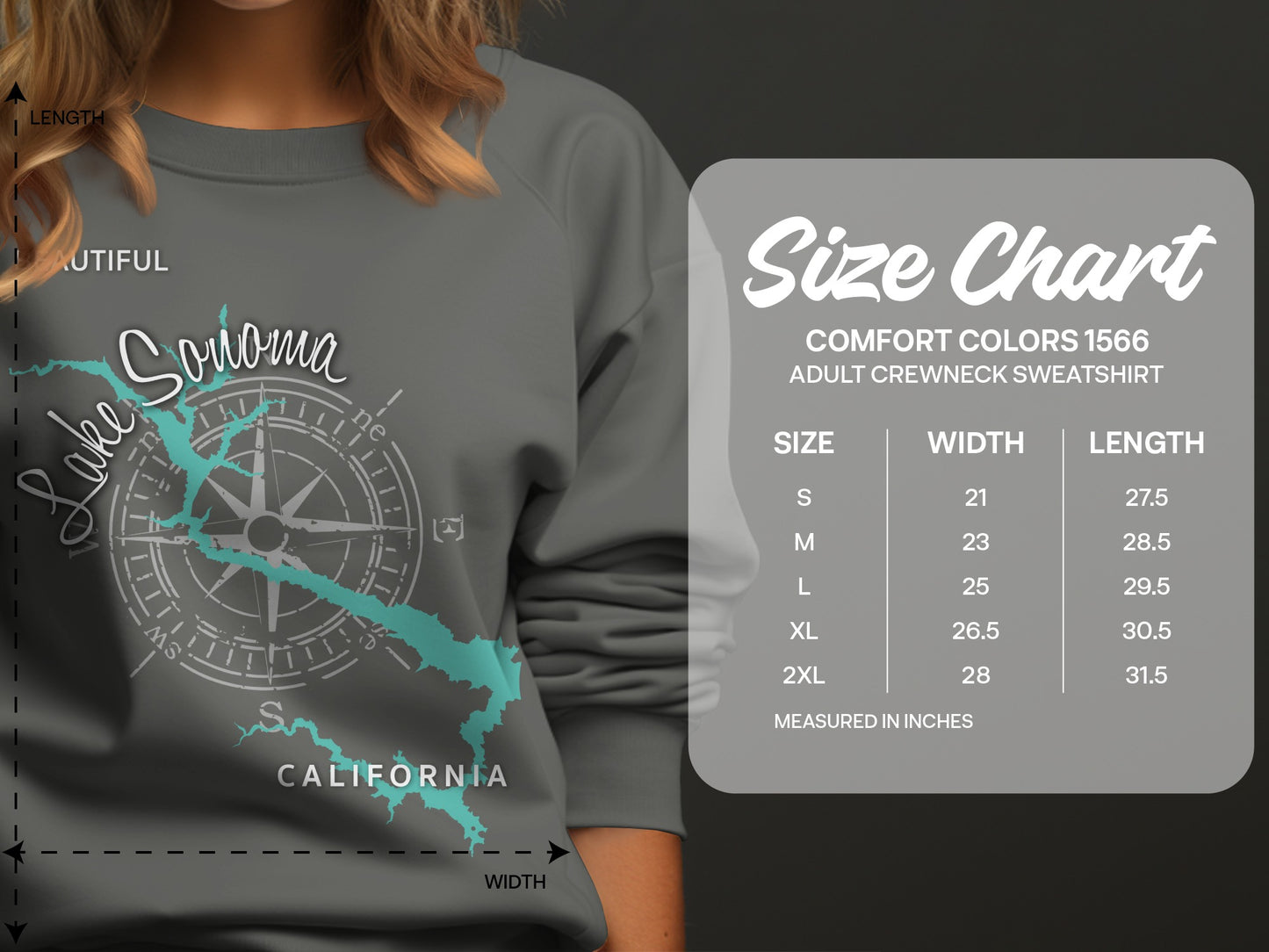 Size chart for Comfort Colors 1566 sweatshirt with Lake Sonoma graphic.