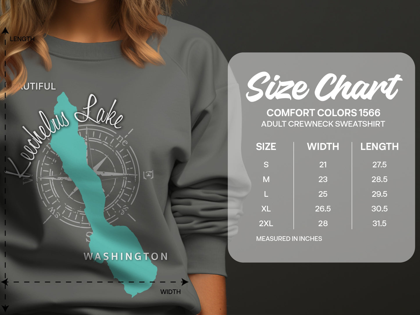 Size chart for Comfort Colors 1566 adult crewneck sweatshirt in inches.