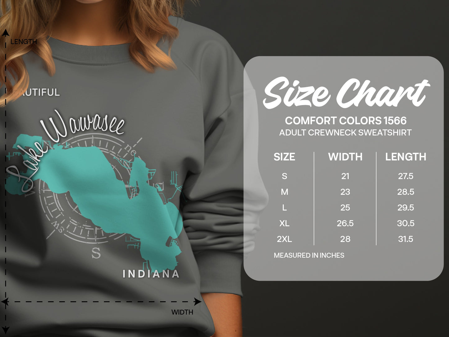 Gray sweatshirt with "Lake Wawasee Indiana" graphic and size chart.