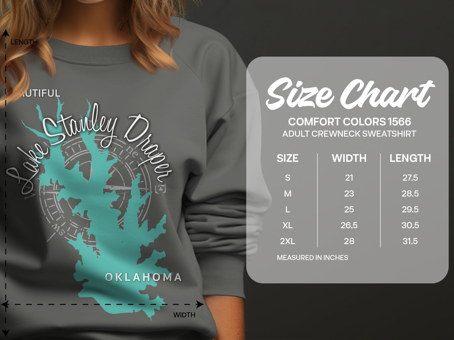 Lake Stanley Draper Oklahoma graphic on Comfort Colors sweatshirt size chart.