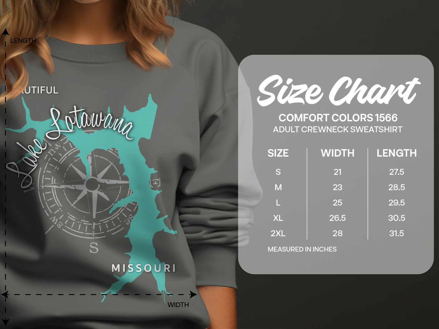 Lake Lotawana Missouri sweatshirt size chart with measurements.