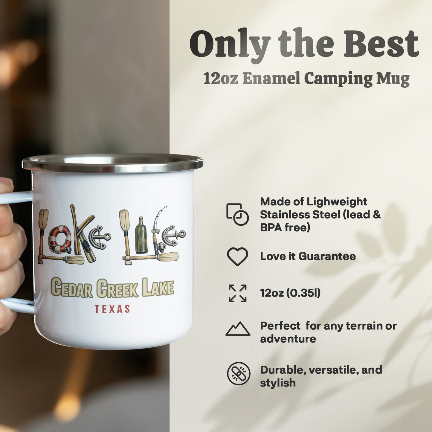 Cedar Creek Lake Texas enamel camping mug with lake-themed icons.