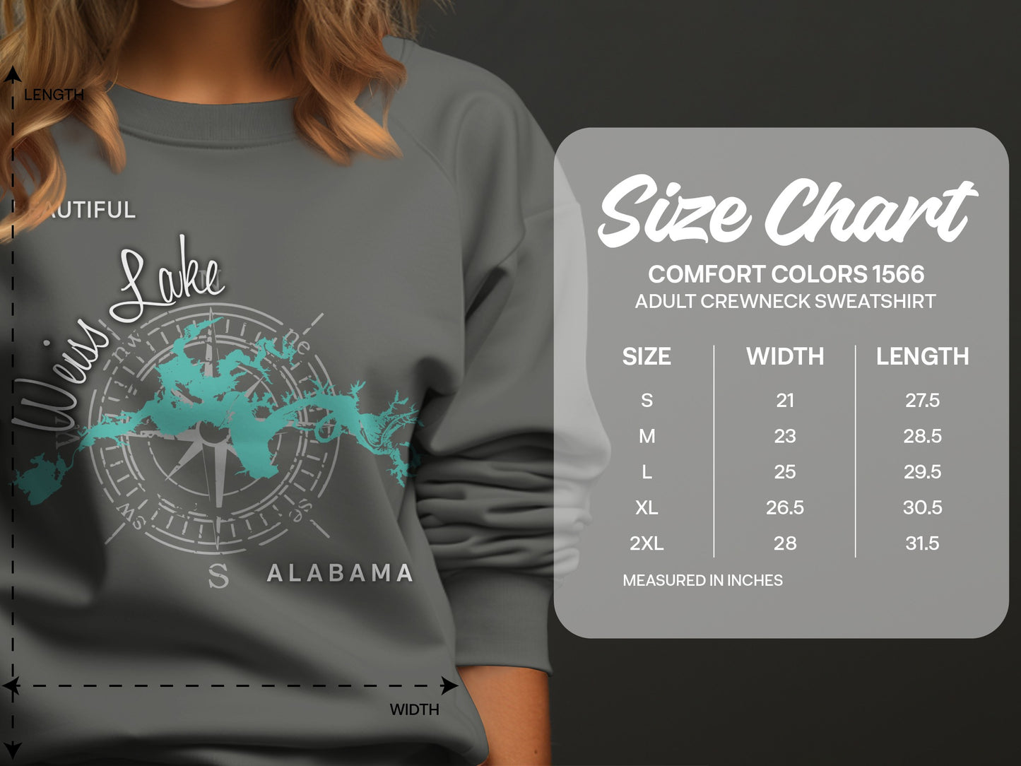 Weiss Lake Alabama graphic on gray sweatshirt with size chart.