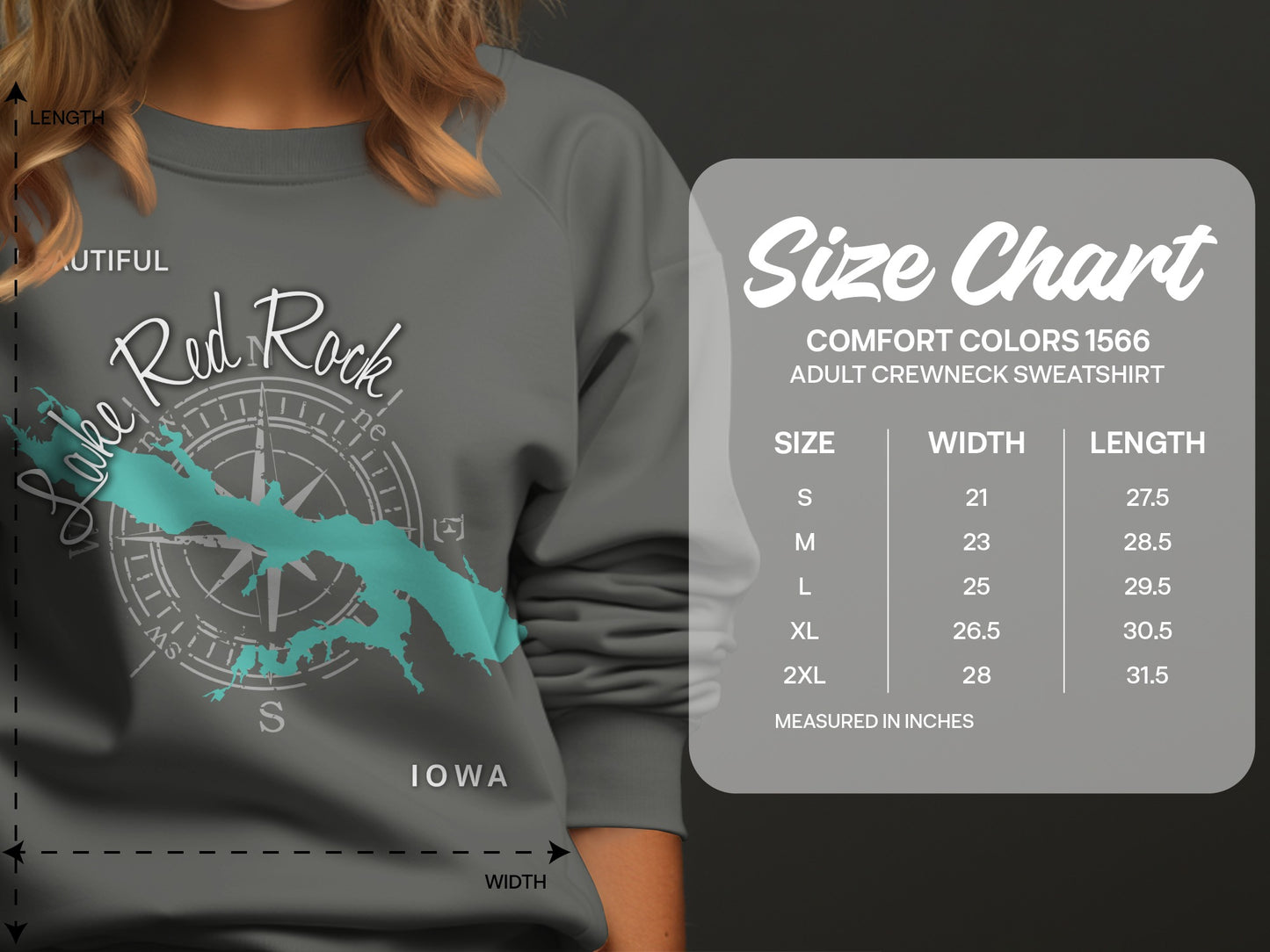 Comfort Colors 1566 adult crewneck sweatshirt size chart with measurements.
