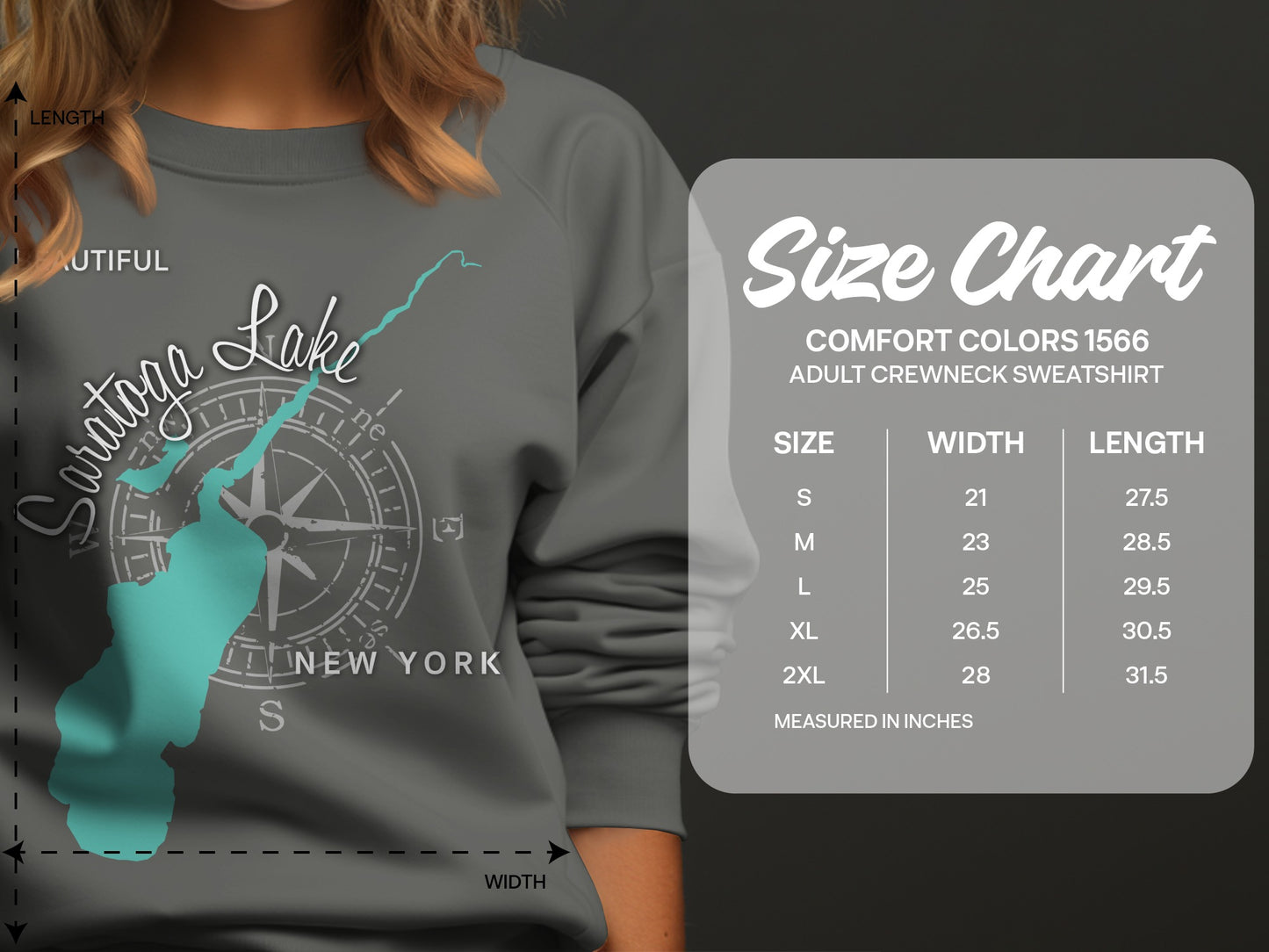Saratoga Lake sweatshirt with size chart and compass graphic.