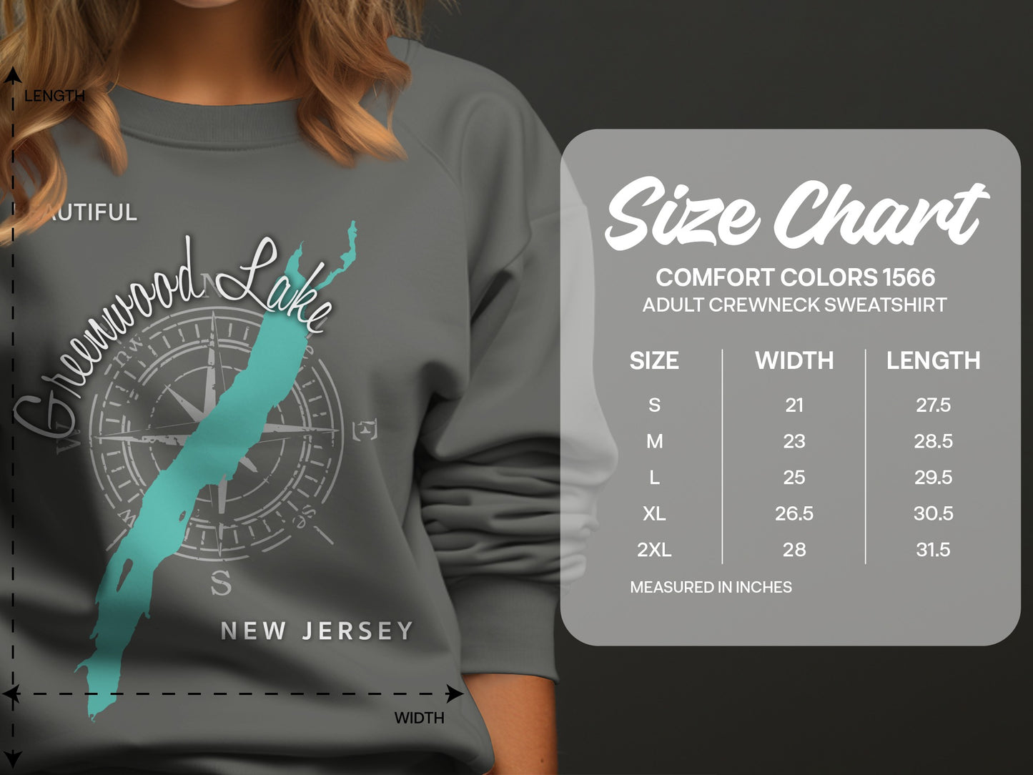 Greenwood Lake New Jersey sweatshirt size chart with measurements.