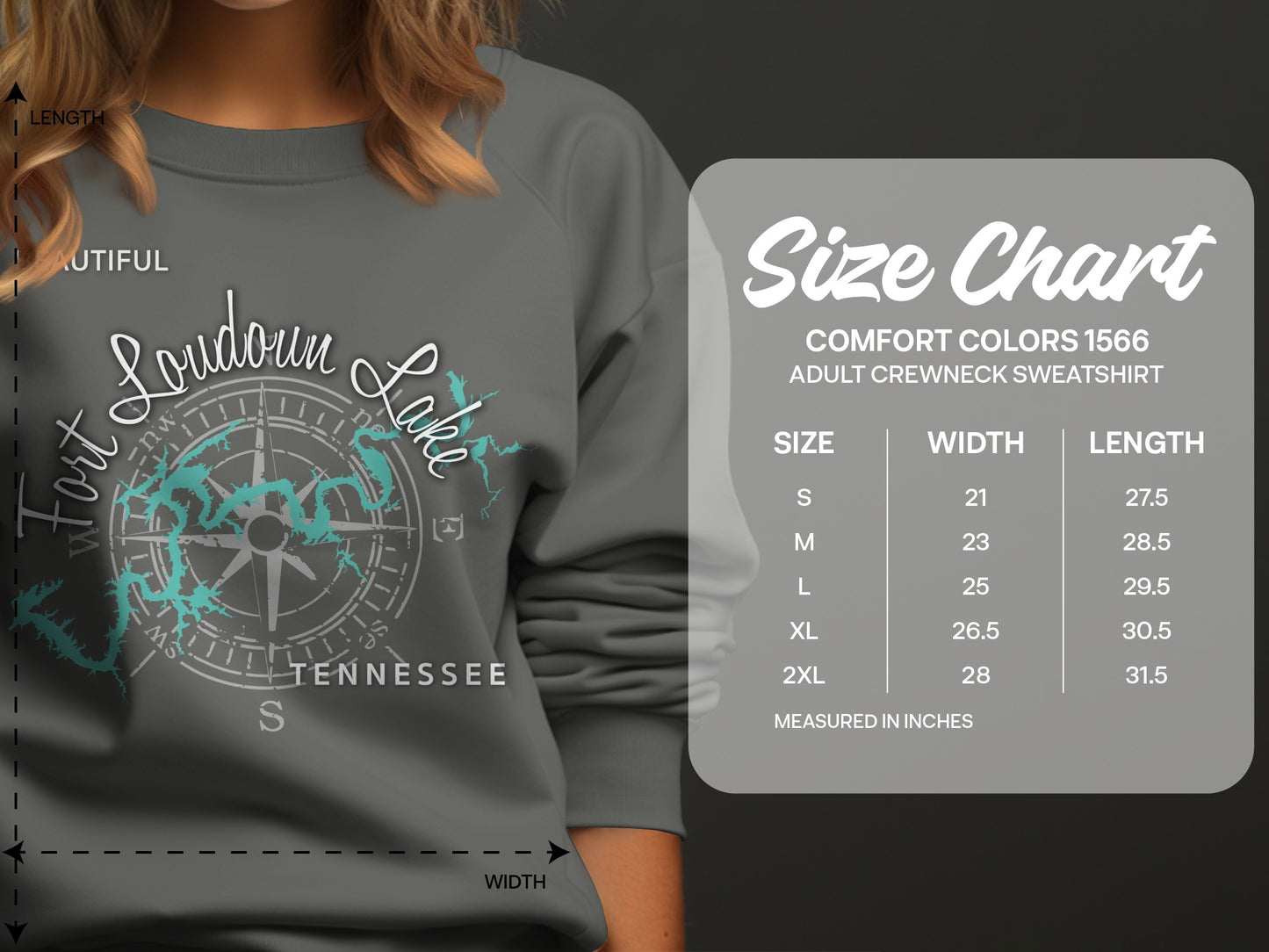 Size chart for Comfort Colors 1566 adult crewneck sweatshirt.