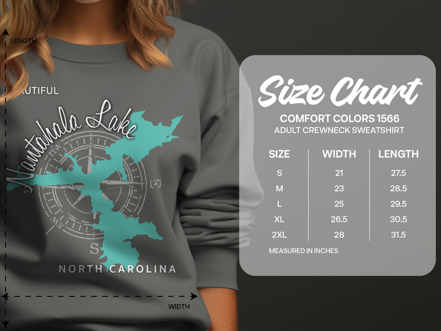 Size chart for Comfort Colors 1566 adult crewneck sweatshirt with measurements.