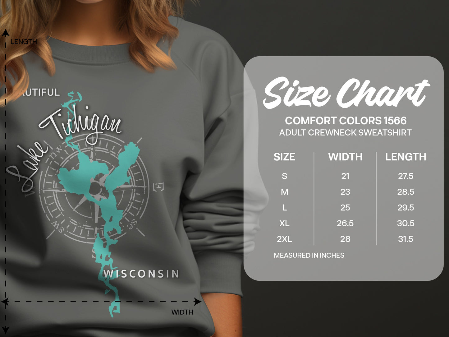 Crewneck sweatshirt size chart with compass graphic and "Lake Michigan Wisconsin" text.