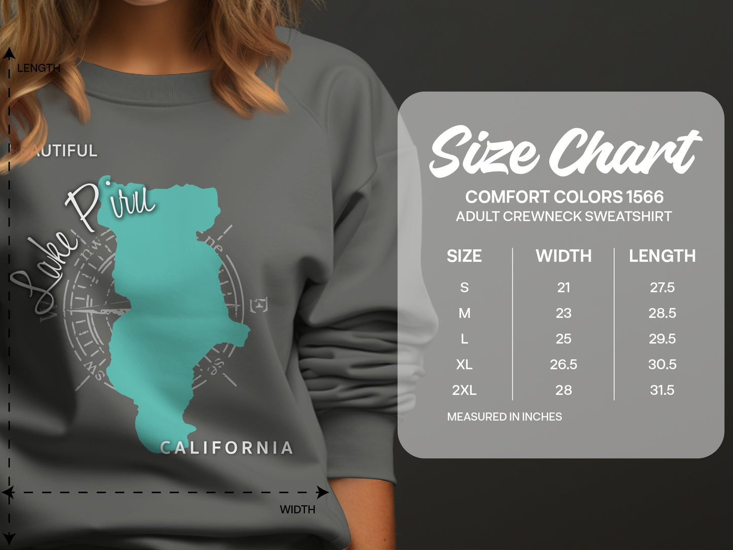 Crewneck sweatshirt size chart with Lake Piru graphic and measurements.